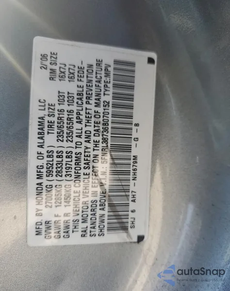 2006 Honda Odyssey Exl from USA, damaged, VIN 5FNRL38736B070152